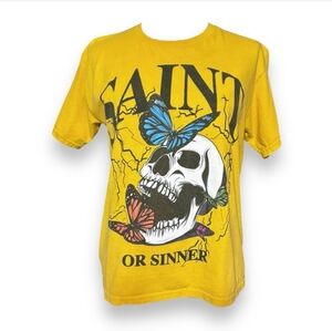 POPULAR POISON Saint Or Sinner Skull Graphic Short Sleeve Cropped Shirt Yellow